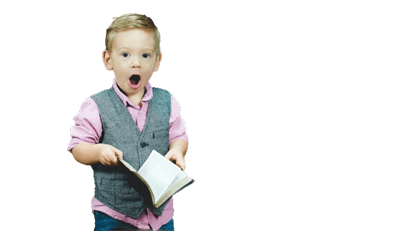 Very surprised boy holding collection of reviews