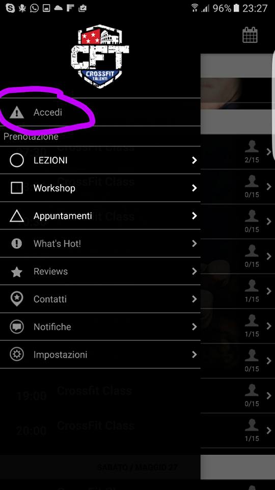 Menu Account dell'App CrossFit Talenti