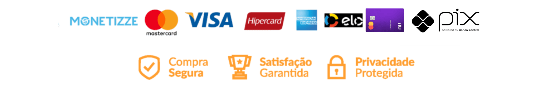 Aceitamos todas as Bandeiras de Cartão, PIX. Compra Segura Monetizze